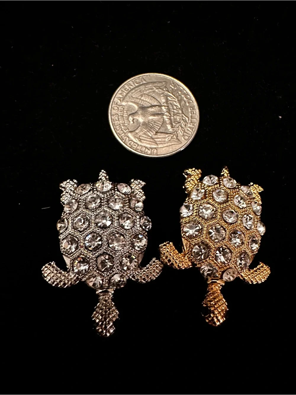 Crystal Turtle Brooch Pin - Gold and Silver Tones
